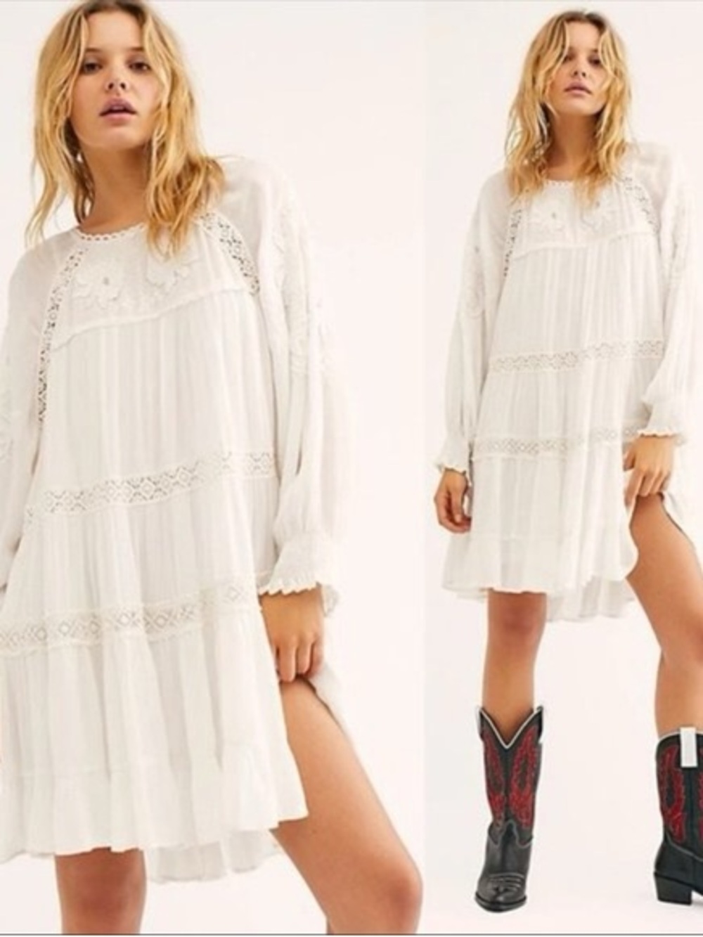 Free People Piece of Your Heart Ivory Lace Boho Mini Dress L EUC Tiered